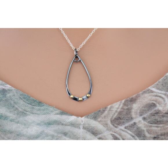 Sterling Silver Black Finish Teardrop Charm  Bronze Granulation Charm Necklace - Picture 1 of 4